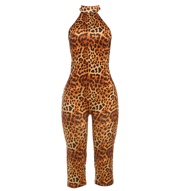 Summer Sexy Backless Halter Lace up Leopard Print Hip Raise Skinny Jumpsuit for Women Bella Mia